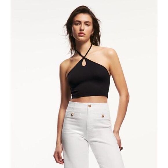 NWT Zara Ribbed Keyhole Crossed Halter Crop Top in Black, Size Medium - Picture 2 of 14